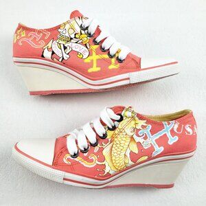 Ed Hardy Bret Wedge Sneaker Womens 7 Orange Canvas Graphic Lace Up Chunky Y2K